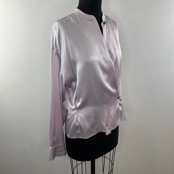 VINCE Satin Wrap Blouse Top Pink Mandarin Collar Long Sleeve Button Cuffs Size ? - Picture 5 of 9